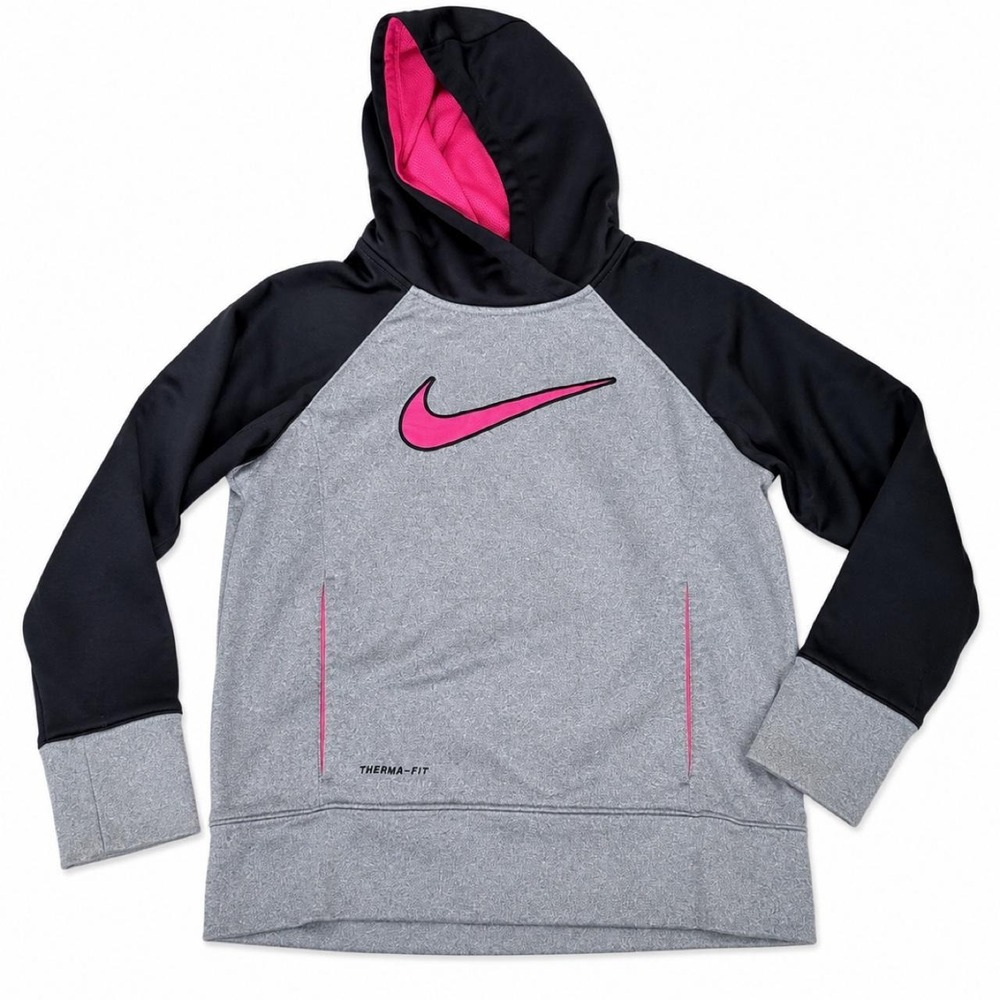 Nike Girls Therma-FIT Hoodie Gray Black Pink Swoosh Pullover Sweatshirt Medium